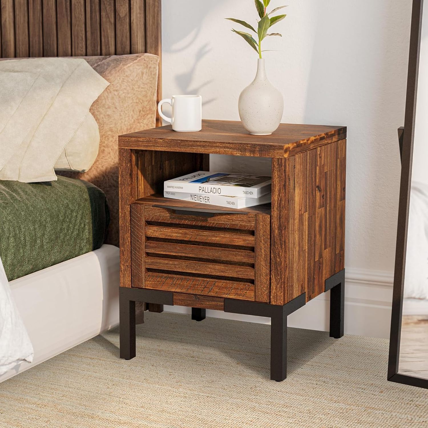 Rustic Side Table with 2 Rattan Decorated Drawers, Nightstands Set of 2, Wood Accent Table with Storage, Bedroom Furniture