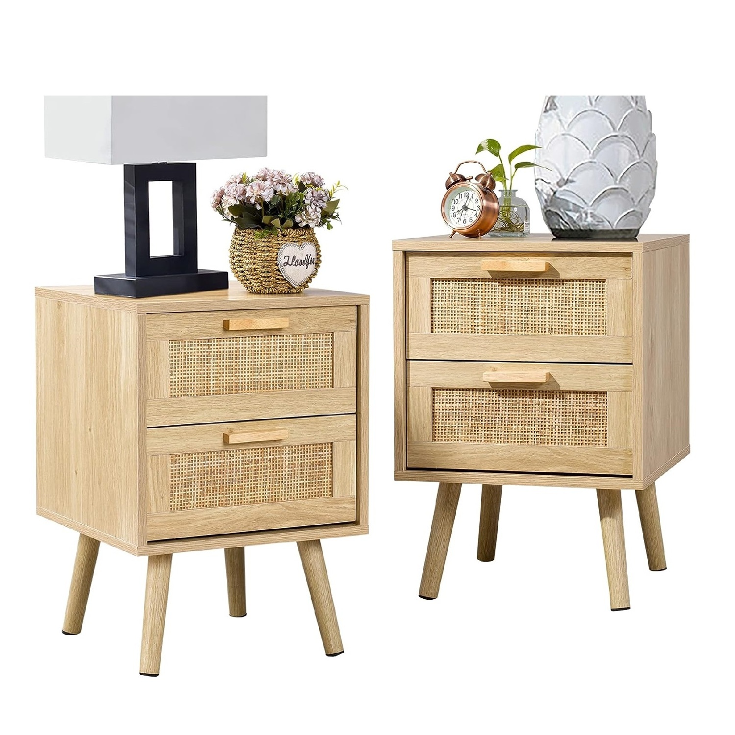 Wooden Bed Side Table with 2 Rattan Decorated Drawers, Nightstands Set of 2, Wood Accent Table with Storage, Bedroom Furniture