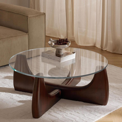 Solid Wood Glass Tabletop Nordic Modern Coffee Table Round Art End Table for Living Room Furniture