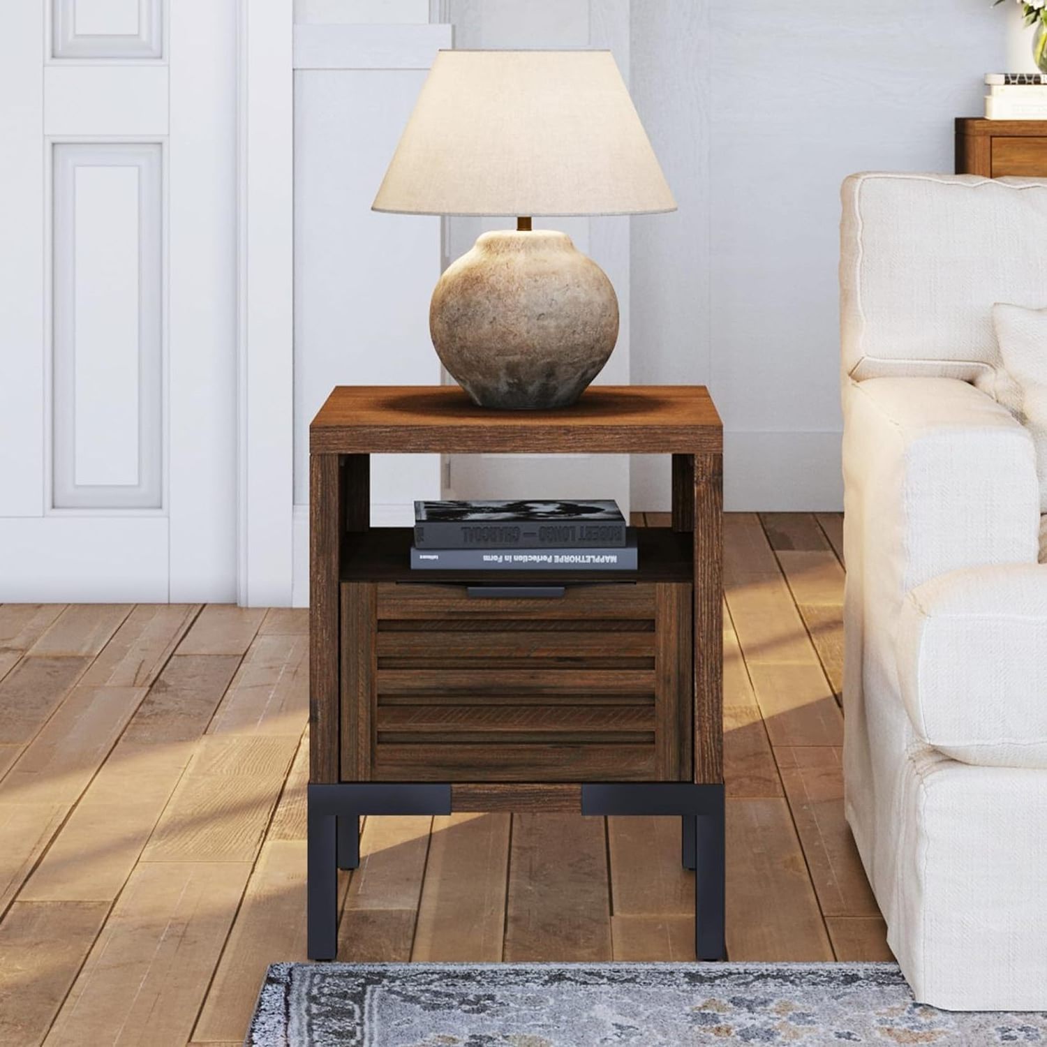 Rustic Side Table with 2 Rattan Decorated Drawers, Nightstands Set of 2, Wood Accent Table with Storage, Bedroom Furniture