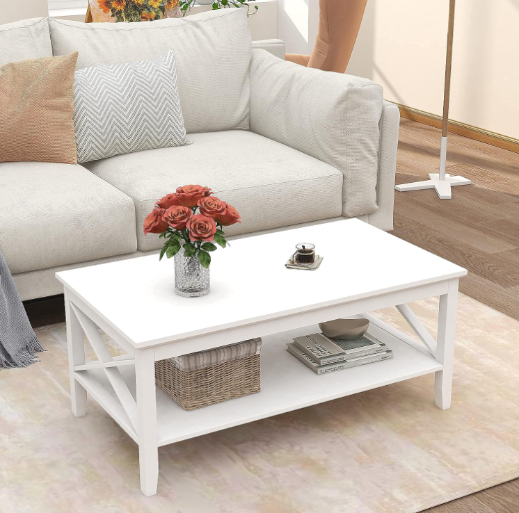 Solid Wood White Coffee Table with Thicker Legs, Black Wood Coffee Table with Storage for Living Room