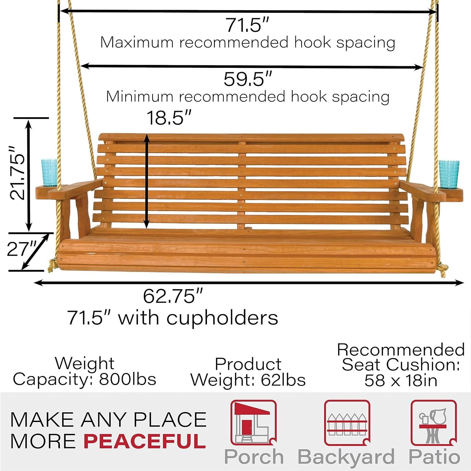 Heavy Duty 800 Lb Roll Back Treated Porch Swing with Hanging Ropes and Cupholders (5 Foot, Cedar Stain)