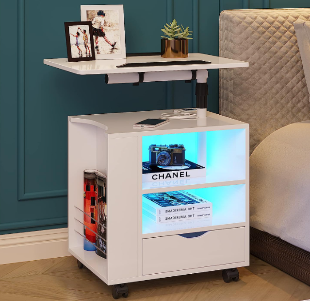 LED Nightstand with 2 USB Charging Station,White Nightstand Has Adjustable Rotary Table, Bedside Tables with One Drawer