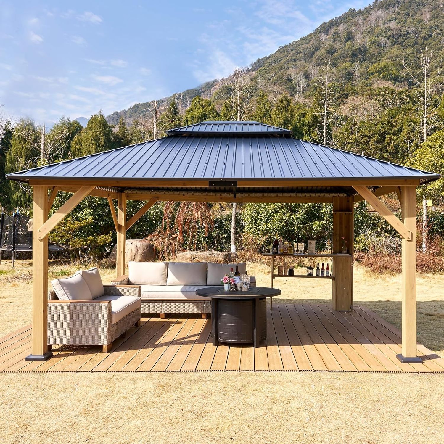 Wood Gazebo Standard Cedar Framed Gazebos with Black Double Steel Hardtop Roof Wooden Pergola Outdoor Garden Building