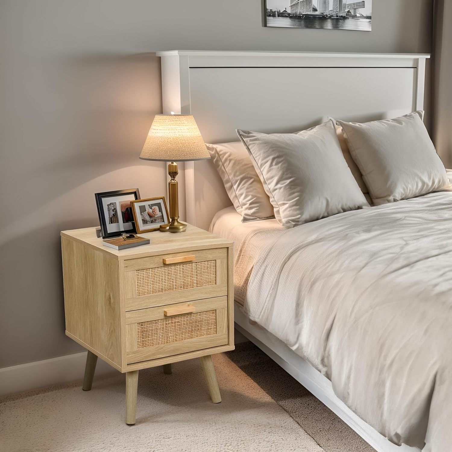 Wooden Bed Side Table with 2 Rattan Decorated Drawers, Nightstands Set of 2, Wood Accent Table with Storage, Bedroom Furniture