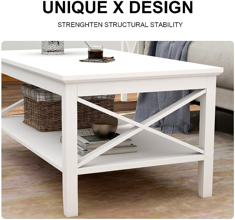 Solid Wood White Coffee Table with Thicker Legs, Black Wood Coffee Table with Storage for Living Room