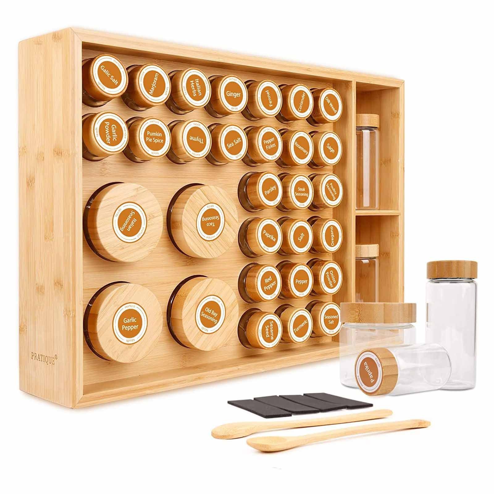 Bamboo Spice Rack Organizer 32 Spice Jars of 3 Sizes Bamboo Wood Spice Organizer for Kitchen Countertop Cabinet