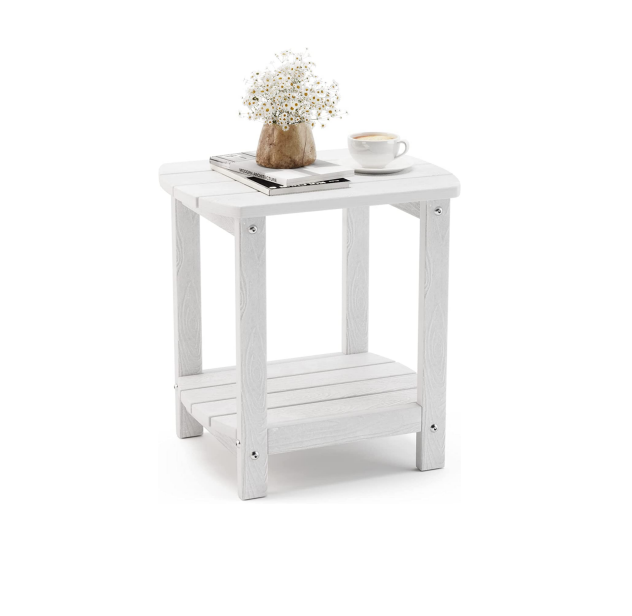 Wooden Side Table, White Poly Outdoor Patio End Table Weather Resistant, Pool Composite Plastic Morden Side Table for Patio