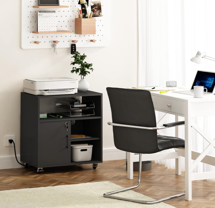 Printer Stand with Charging Station, Rolling Filing Cabinet with Lock, Wood Lockable Lateral File Cabinet with Storage,