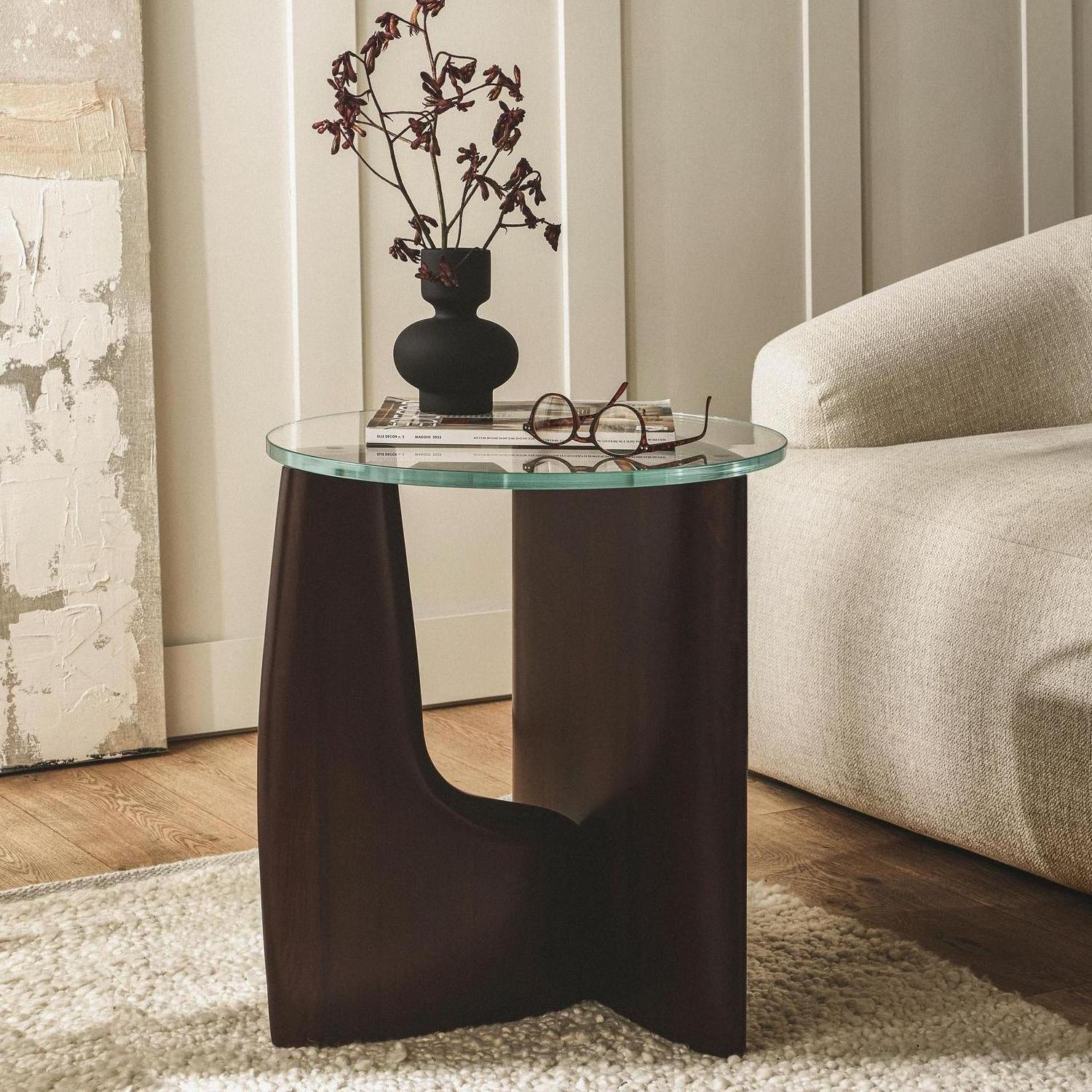 Solid Wood Glass Tabletop Nordic Coffee Table Modern Round Art End Table for Living Room Furniture