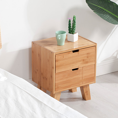 2-Tier Modern Storage Small Cabinet Bedroom Bamboo Bedside Table Drawer Bedside Cabinet Table Nightstand Side Tables