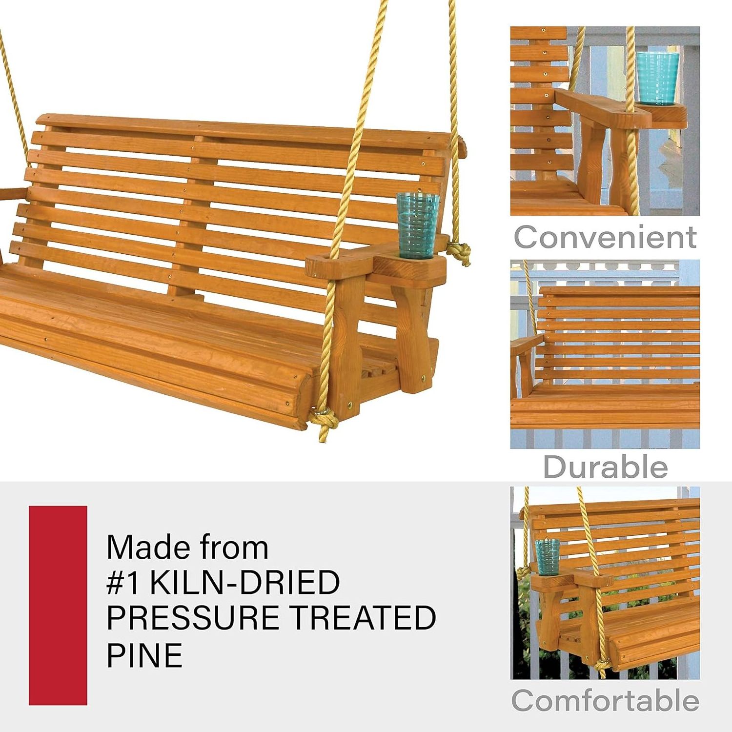 Heavy Duty 800 Lb Roll Back Treated Porch Swing with Hanging Ropes and Cupholders (5 Foot, Cedar Stain)