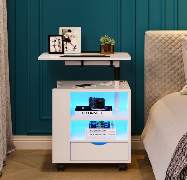 LED Nightstand with 2 USB Charging Station,White Nightstand Has Adjustable Rotary Table, Bedside Tables with One Drawer