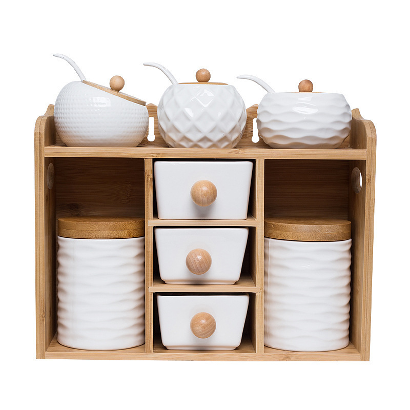 2 Layer Bamboo Organizer Rack with Ceramic Home Kitchen Seasoning Box Porcelain Salt Sugar Spice Pepper Sets