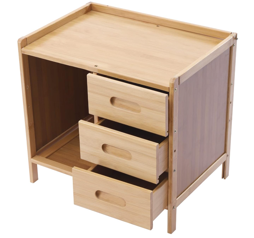 Bamboo Nightstand, Sofa Side Table, Bedside Table, Couch Table w/ 3 Pull-Out Drawers, Bedroom Bedside Storage