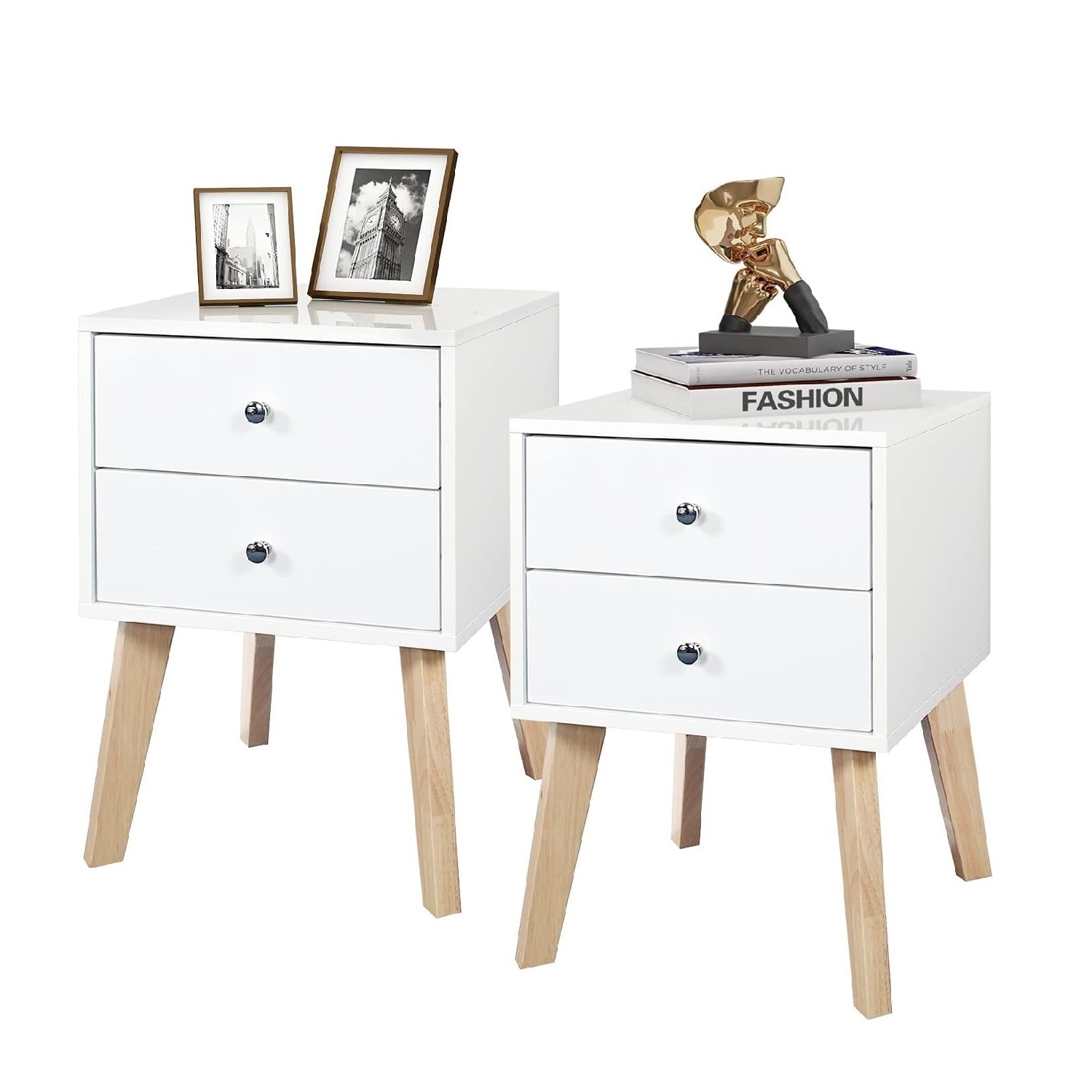 White Nightstand Set of 2, Wooden Modern Nightstand Storage Drawers Night Stand for Bed Room with Rubber Wood Leg