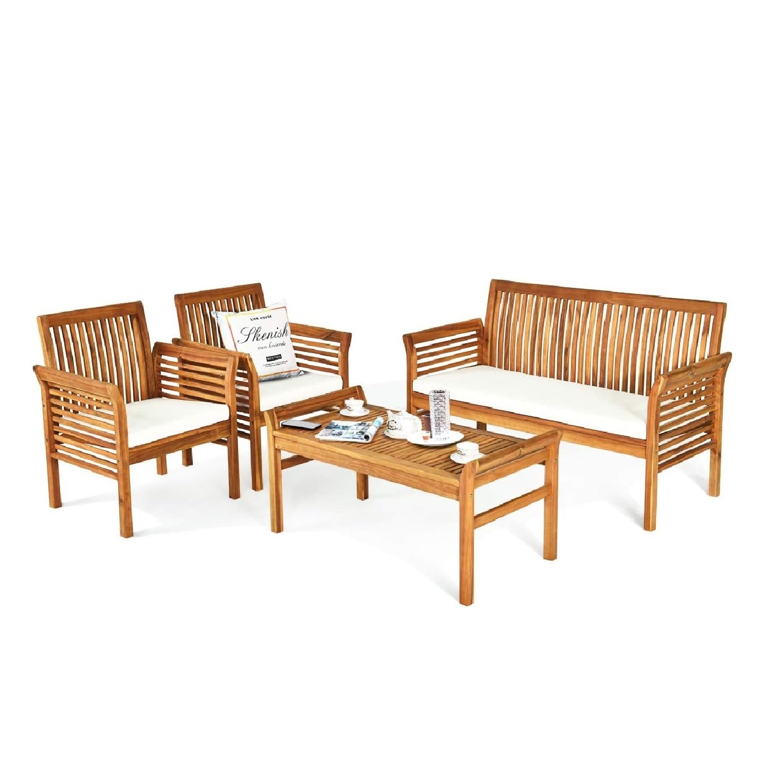 Outdoor Acacia Wooden 4 Seater Hardwwod Sofa Set with Cushion Garden Sofa Set Hotel Solid Wood Patio Furniture Sets