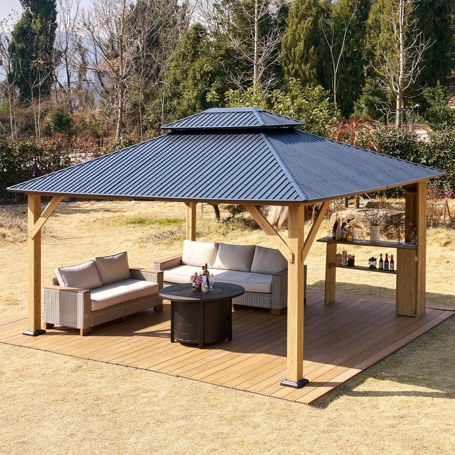 Wood Gazebo Standard Cedar Framed Gazebos with Black Double Steel Hardtop Roof Wooden Pergola Outdoor Garden Building