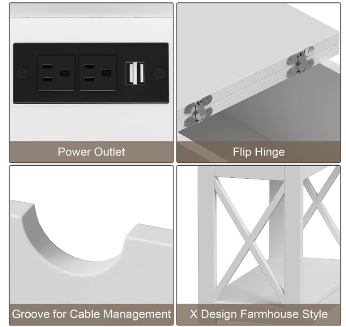 Narrow Flip Top Side Table with USB Ports & Power Outlets for Small Spaces, Bedside Table with Storage, Bedroom White