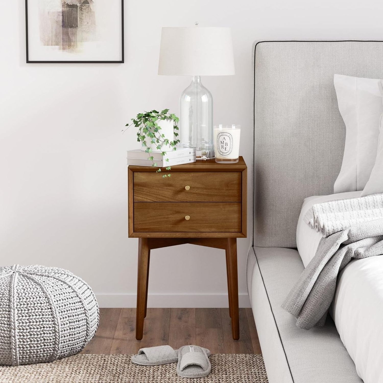 Solid Wood End Table Night Stand With Double-layer Drawers Wooden End Table Sideboard Cabinet For the Living Room