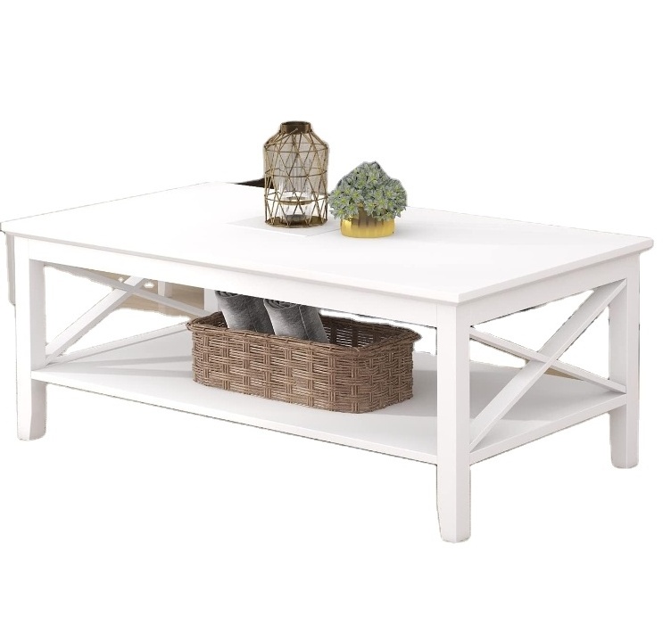 Solid Wood White Coffee Table with Thicker Legs, Black Wood Coffee Table with Storage for Living Room