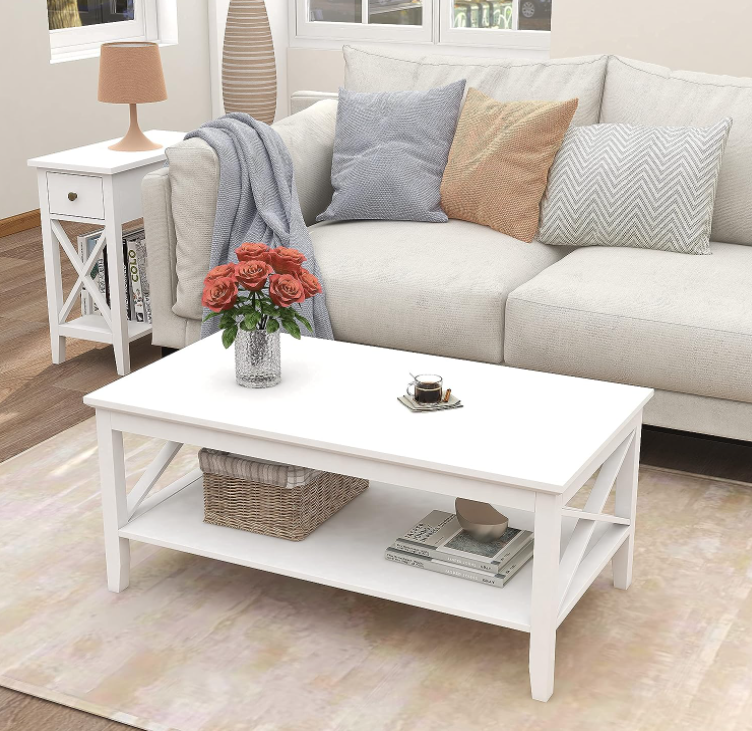 Solid Wood White Coffee Table with Thicker Legs, Black Wood Coffee Table with Storage for Living Room