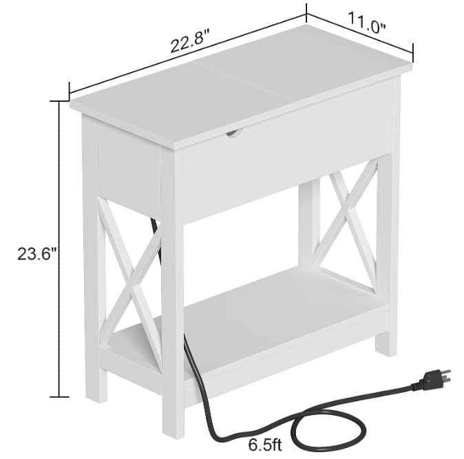 Narrow Flip Top Side Table with USB Ports & Power Outlets for Small Spaces, Bedside Table with Storage, Bedroom White