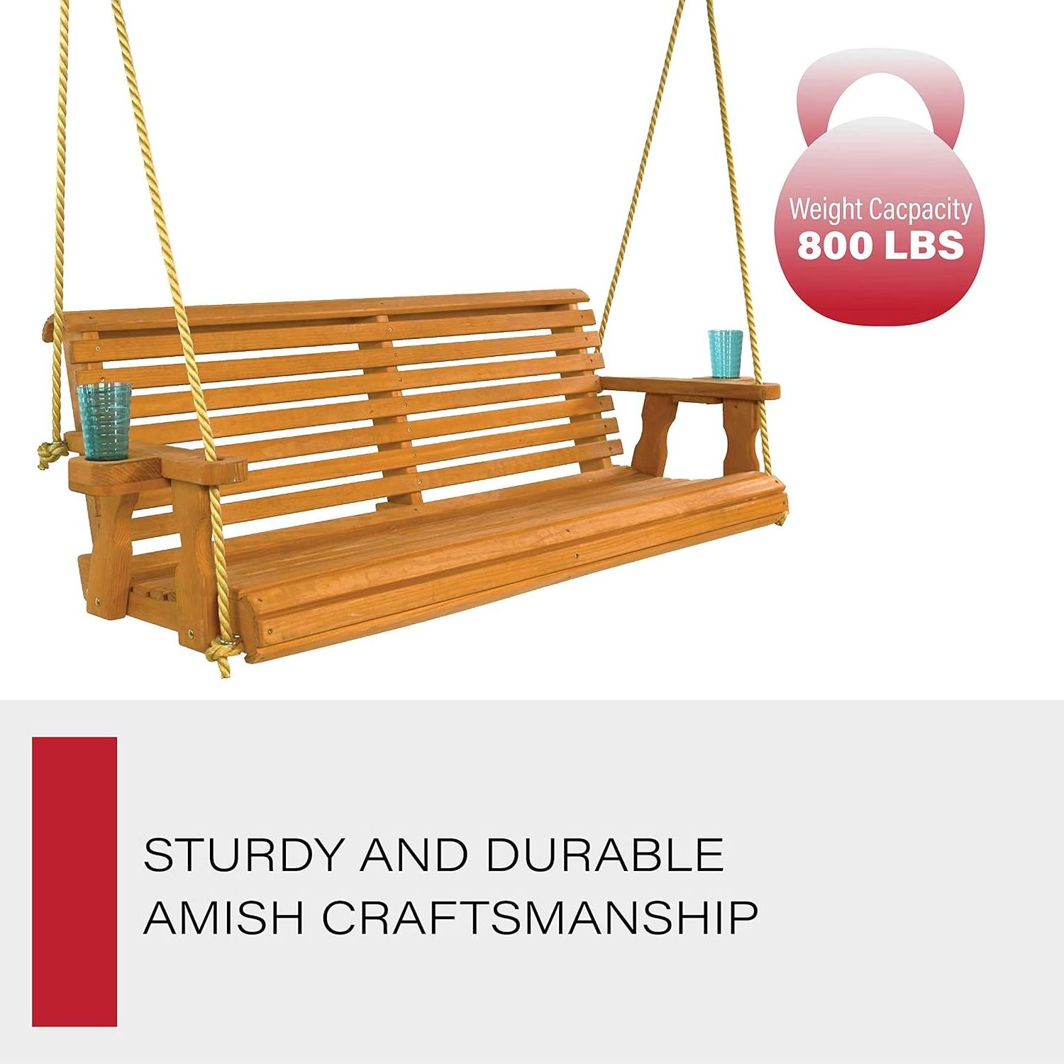 Heavy Duty 800 Lb Roll Back Treated Porch Swing with Hanging Ropes and Cupholders (5 Foot, Cedar Stain)