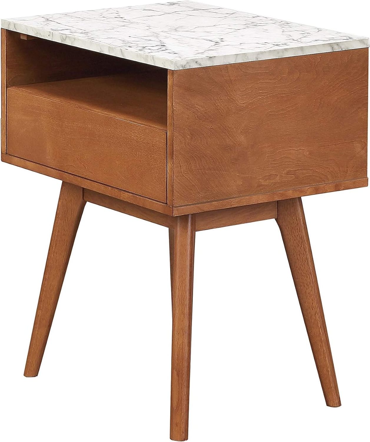 Mid-Century Accent Side or End Table with Storage, Faux Marble Top and Wood Frame, Set of 2, White/Brown - Set of 2