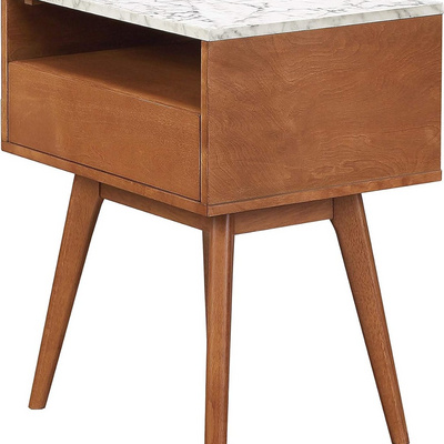 Mid-Century Accent Side or End Table with Storage, Faux Marble Top and Wood Frame, Set of 2, White/Brown - Set of 2