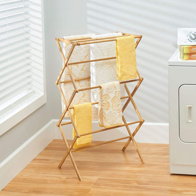 Foldable Indoor Folding Wooden Clothes Drying Rack Natural Bamboo Dry Laundry and Hang Clothes