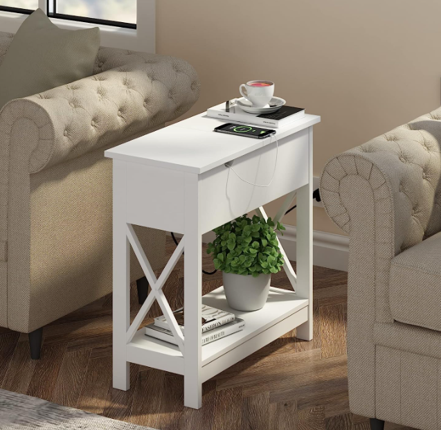 Narrow Flip Top Side Table with USB Ports & Power Outlets for Small Spaces, Bedside Table with Storage, Bedroom White