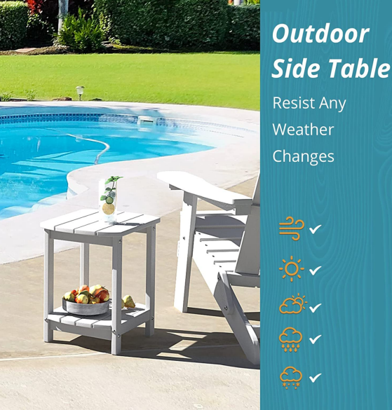 Wooden Side Table, White Poly Outdoor Patio End Table Weather Resistant, Pool Composite Plastic Morden Side Table for Patio