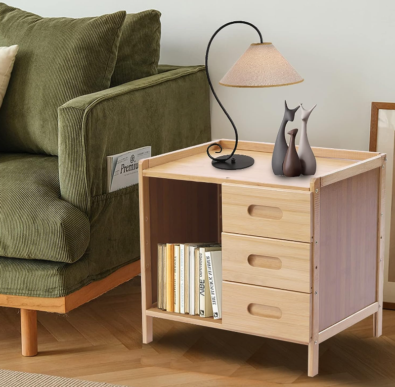 Bamboo Nightstand, Sofa Side Table, Bedside Table, Couch Table w/ 3 Pull-Out Drawers, Bedroom Bedside Storage