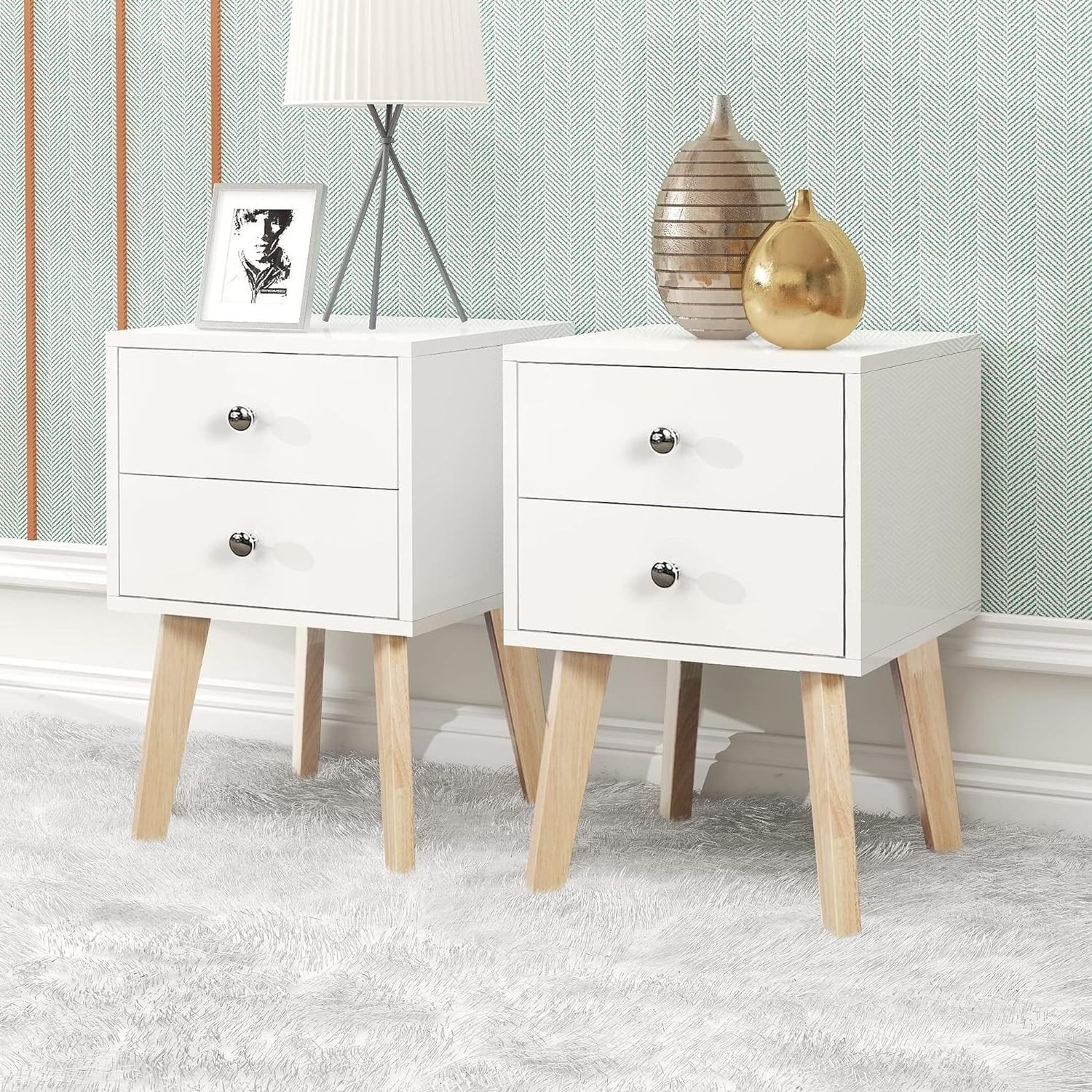 White Nightstand Set of 2, Wooden Modern Nightstand Storage Drawers Night Stand for Bed Room with Rubber Wood Leg