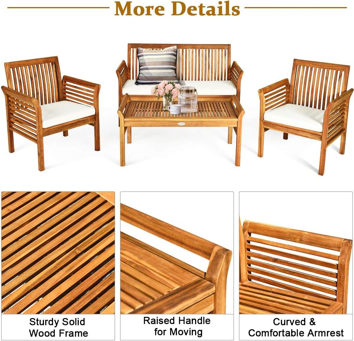 Outdoor Acacia Wooden 4 Seater Hardwwod Sofa Set with Cushion Garden Sofa Set Hotel Solid Wood Patio Furniture Sets