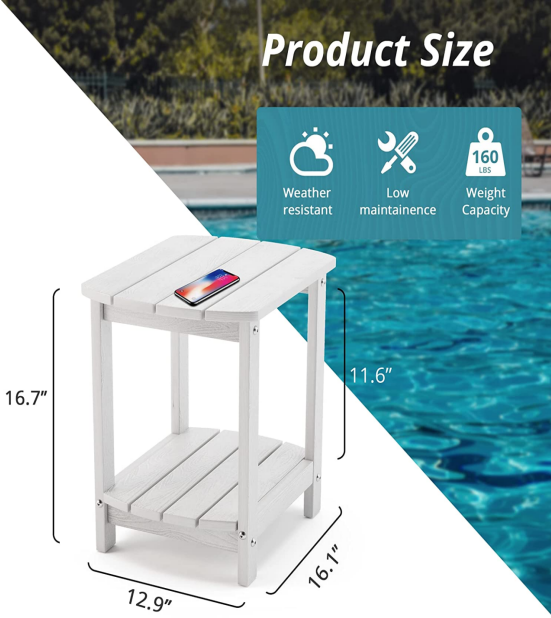 Wooden Side Table, White Poly Outdoor Patio End Table Weather Resistant, Pool Composite Plastic Morden Side Table for Patio