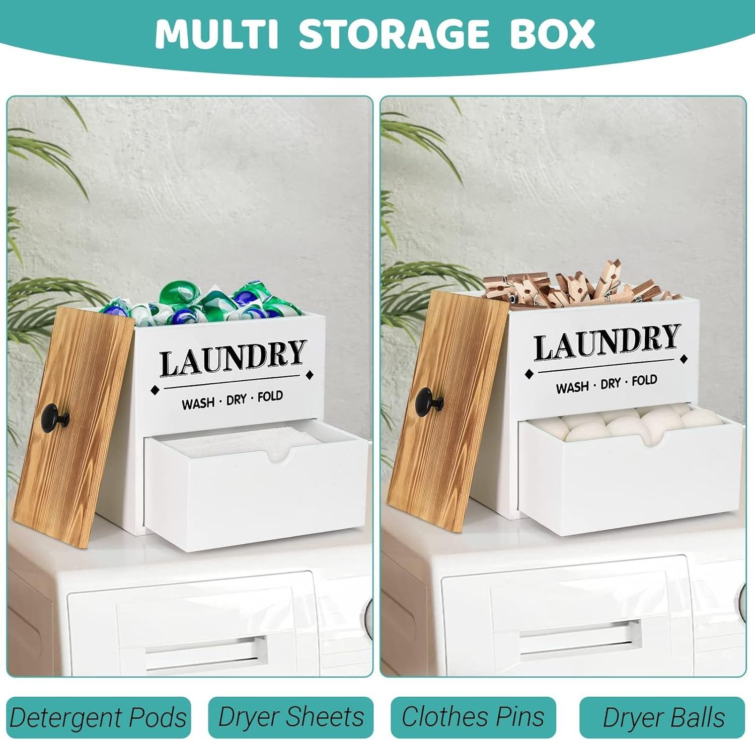 Dryer Sheet Holder with Drawer and Lid, Wood Dryer Sheet Dispenser and Laundry Pods Container for Laundry Room Organization