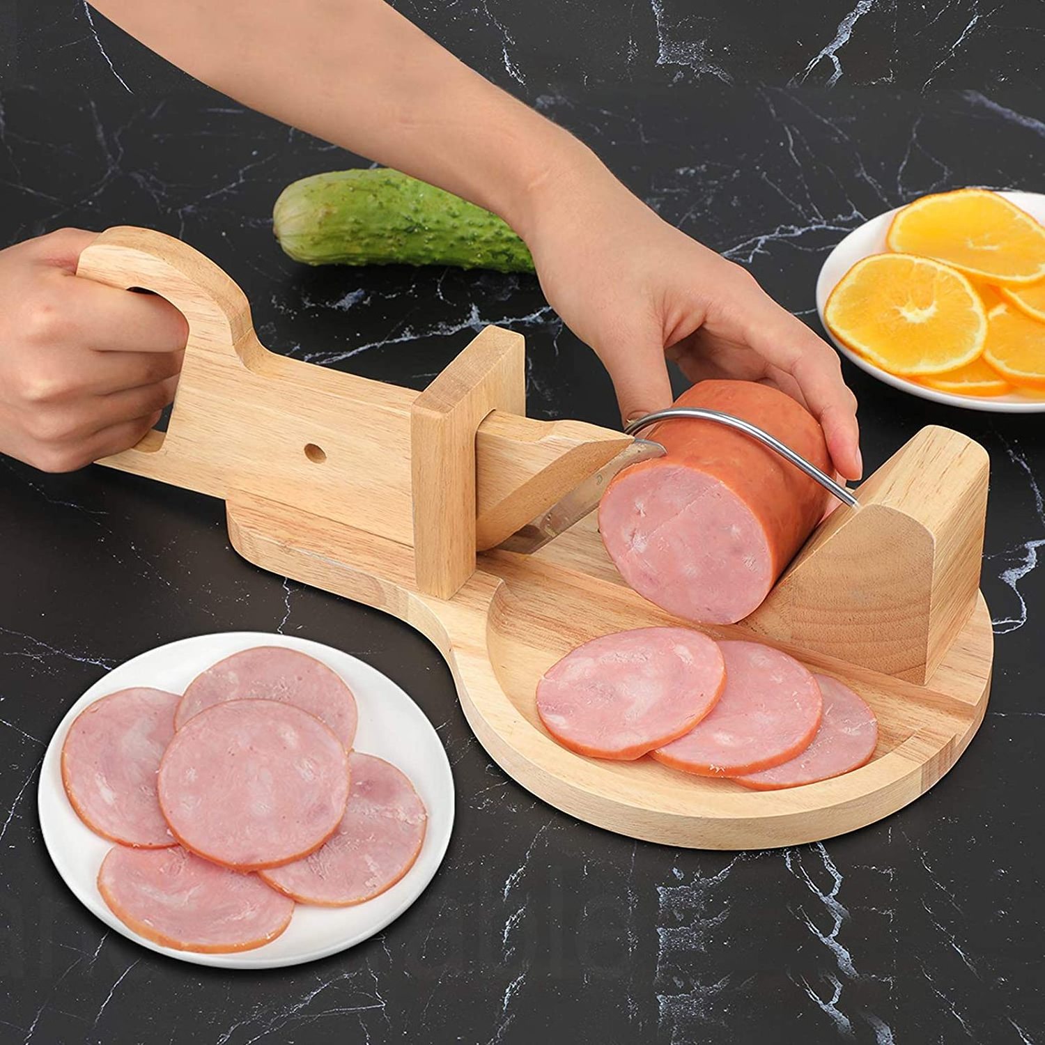 Kitchen Gadgets wooden Food Slicer For Home Use, Sausage& Chorizo& Salami Guillotine Slicer With Stainless Steel Blade