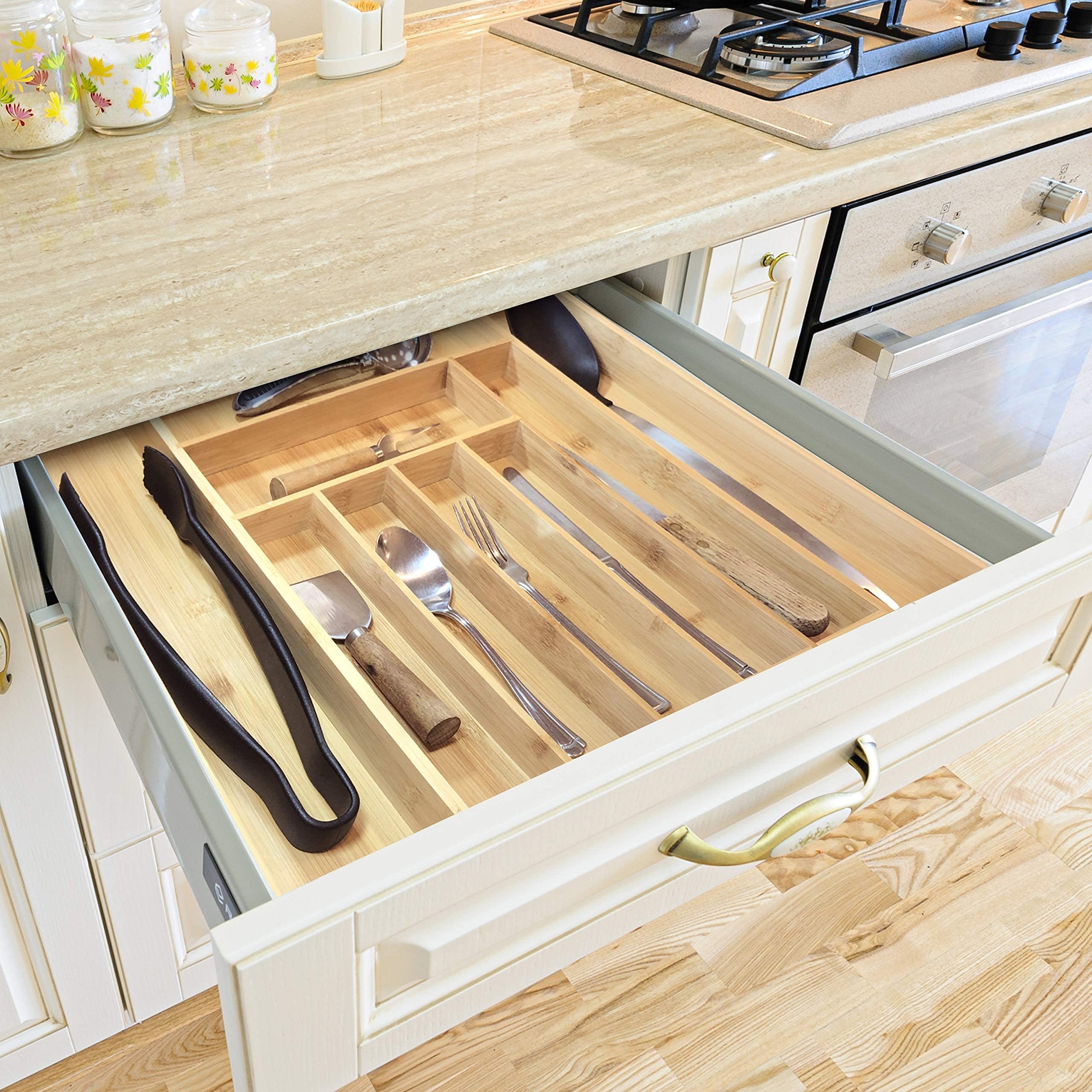 Large Bamboo Expandable Utensil Cutlery Storage Tray Drawer Organizer, Adjustable Kitchen Drawer Divider