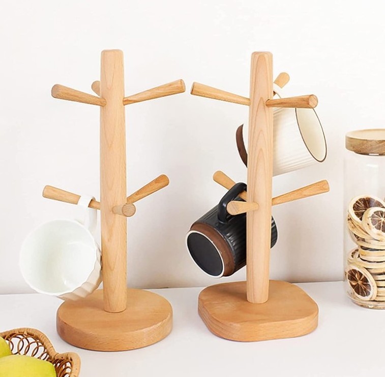 Wooden Mug Holder Tree with 6 Hooks Wood Cup Rack Tea Coffee Bar Organizer Accessories Mug Hanger Stands