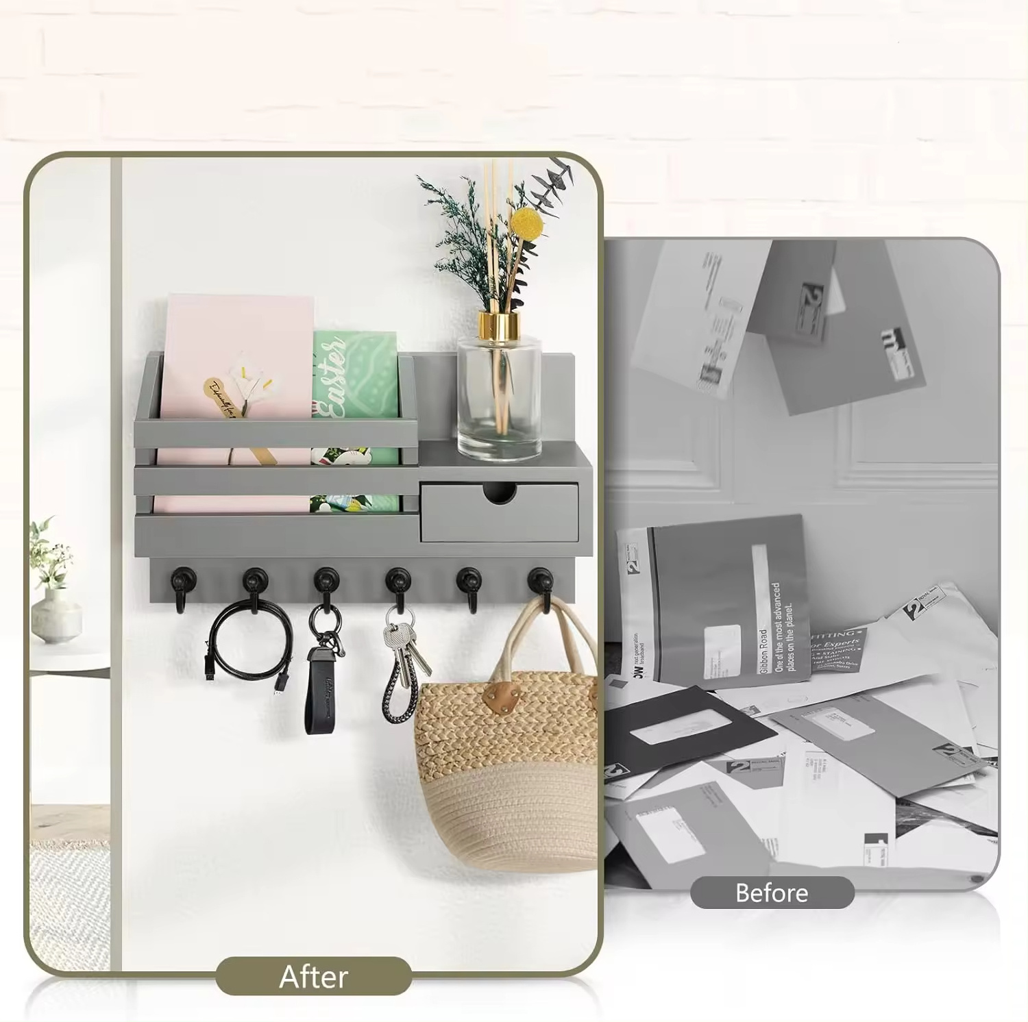 Wholesale Wall Mounted Bamboo Mail Organizer with 6 Hooks for Entryway and Home Decor Key Holder for Wall