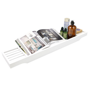 Wooden Bathroom Accessory White Color Bathtub Caddy Rests On The Holders Of a Bath Tub Tray