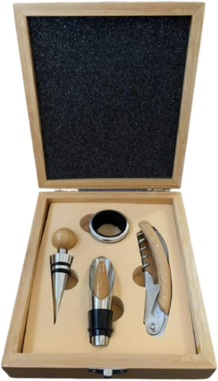 Bamboo Stainless Steel Wine Opener Accessory Set Wooden Box Tool Gift Set Wooden Corkscrew and Stopper Box