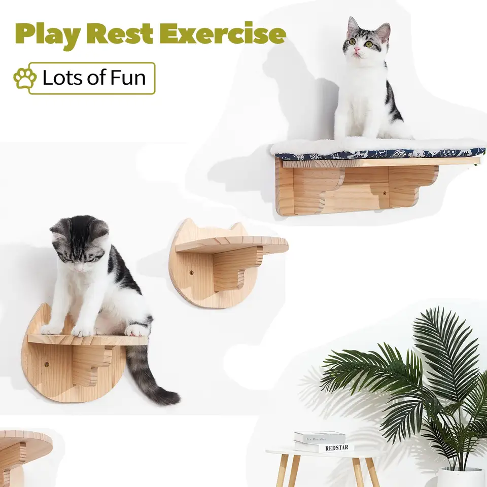 Modern Cat Bed Hammock Wall Mounted Shelf Cat with Steps Wood Wall Shelves and Perches for Sleeping