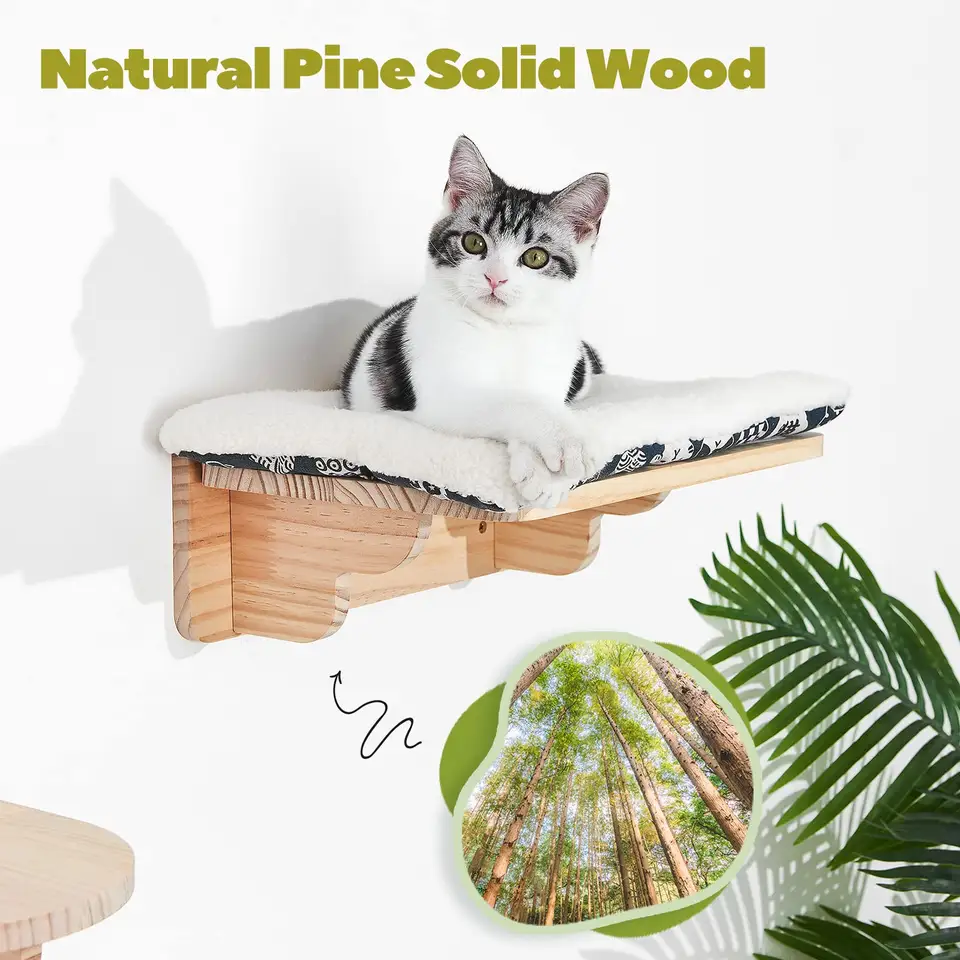 Modern Cat Bed Hammock Wall Mounted Shelf Cat with Steps Wood Wall Shelves and Perches for Sleeping