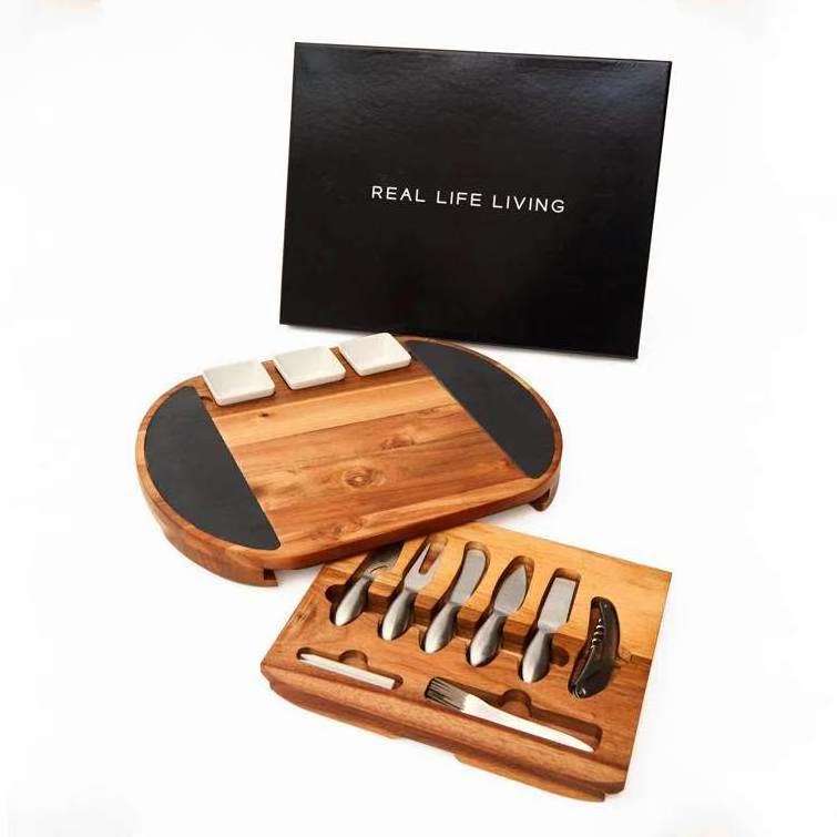 Acacia Wood Cheese Cutting Board with Tool Rectangular Wooden Wholesale Cheese Board Set Stainless Steel Cheese Knife Gift