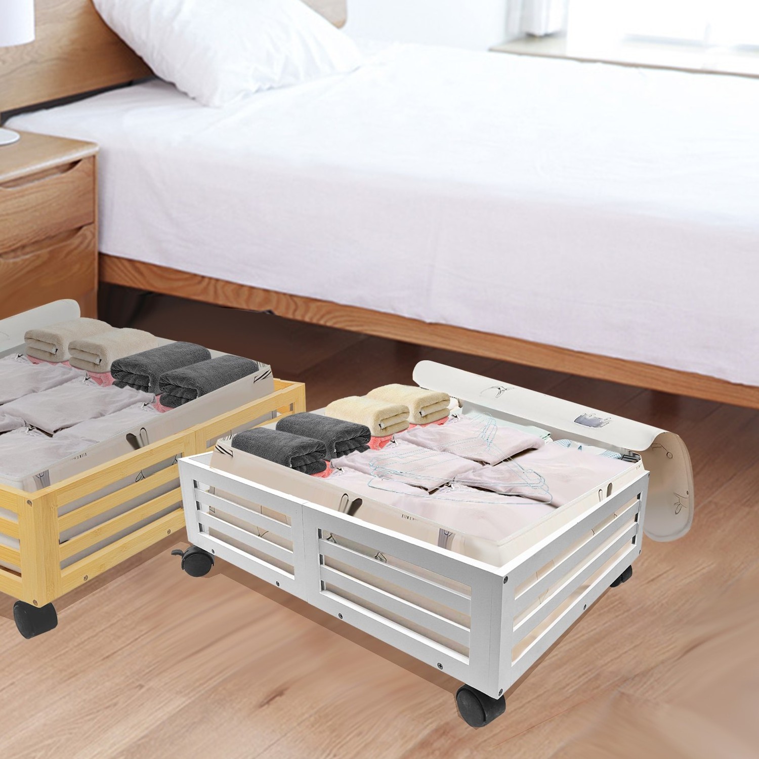 Bamboo Under Bed Storage Containers- Underbed Organizer with Wheels with Large Dust Bag