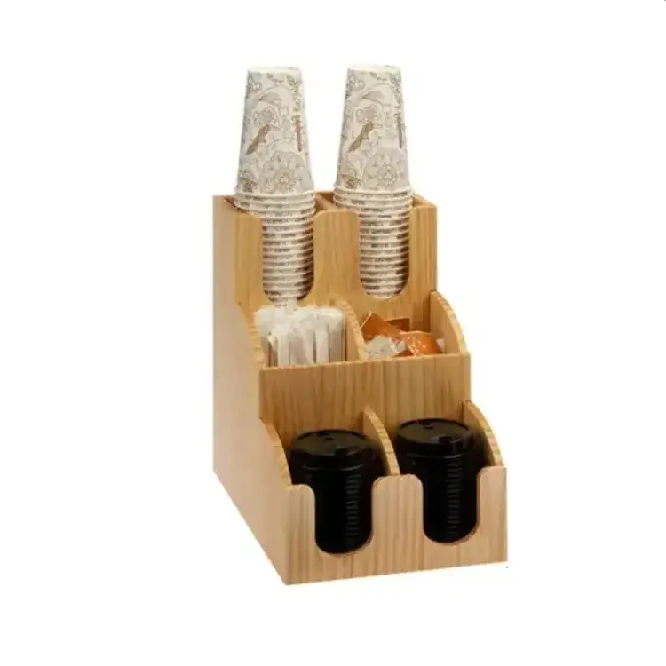 Bamboo Coffee Station Organizer 6 Compartments Condiment Rack Wooden Disposable Cups Holder Dispenser  Accessories For Home