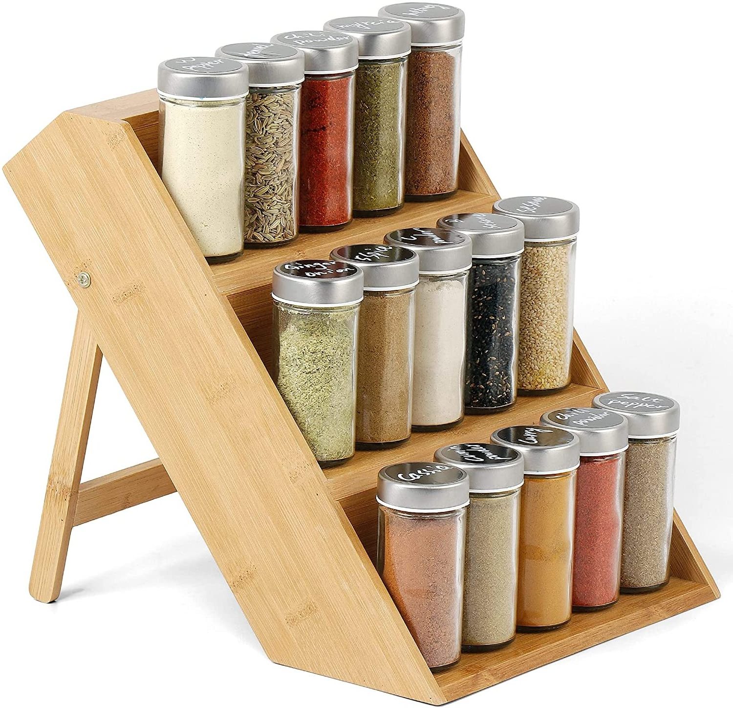 Kitchen 3 Tier Bamboo Spice Rack Shelves for Kitchen Storage Oil Jar Bottle Holder Display Shelves for Countertop